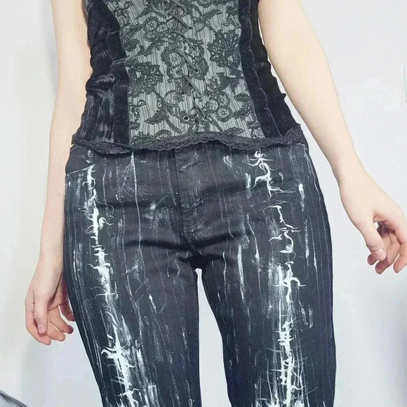 Gothic & grunge black and white abstract hand-painted straight-legged jeans - Picture 7 of 16